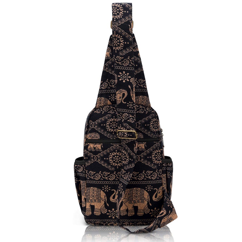 Coton Pose Women sling bag Elephant canvas large boho backpacks bohemian Crossbody bag (Black) - Image 2